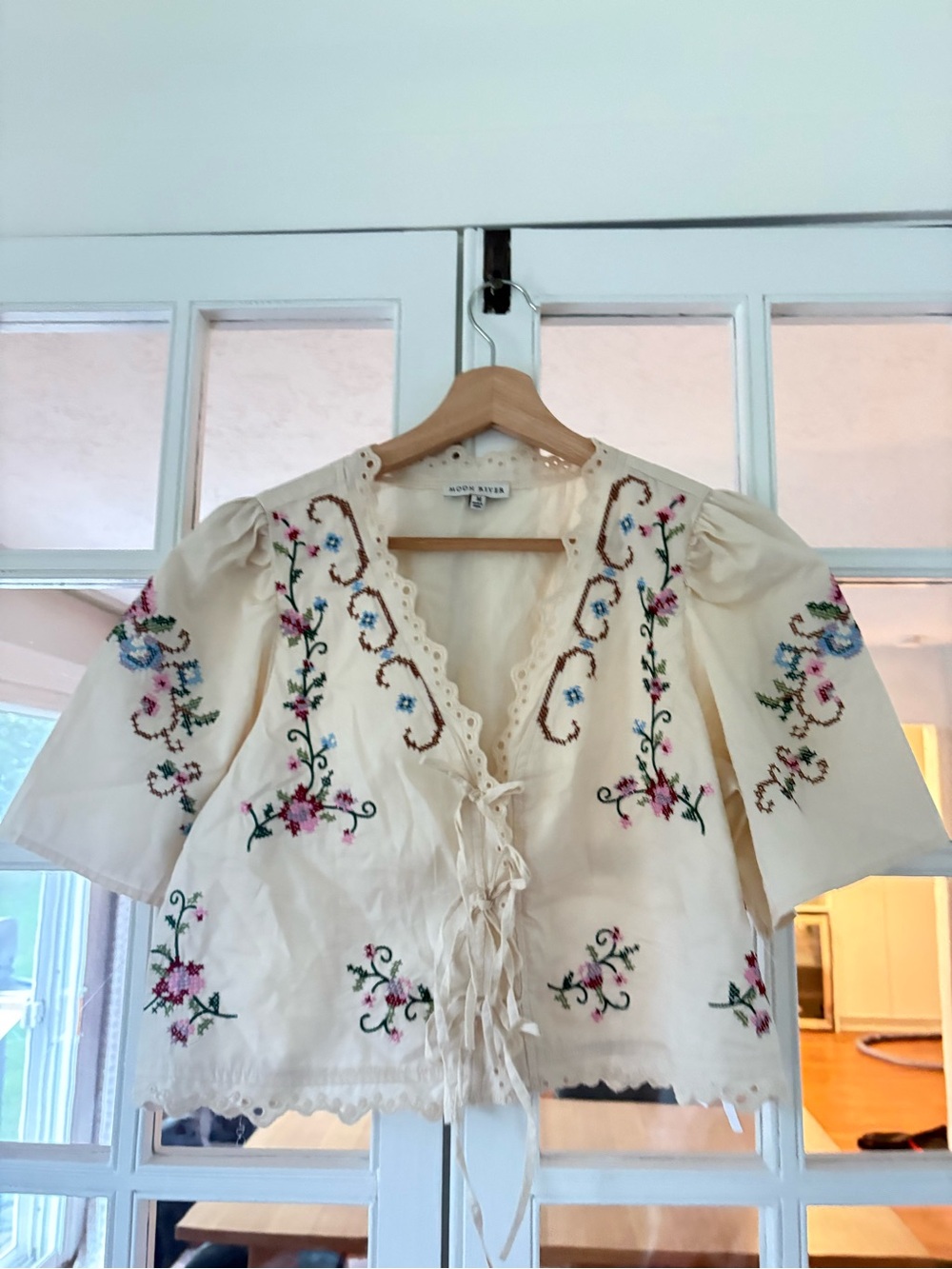 Moon River Cream Floral Embroidered Tie-Front Blouse